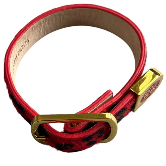 Rustic Cuff Red Animal Print Calfhair Buckle Logo Adjustable Bracelet - Picture 4 of 4